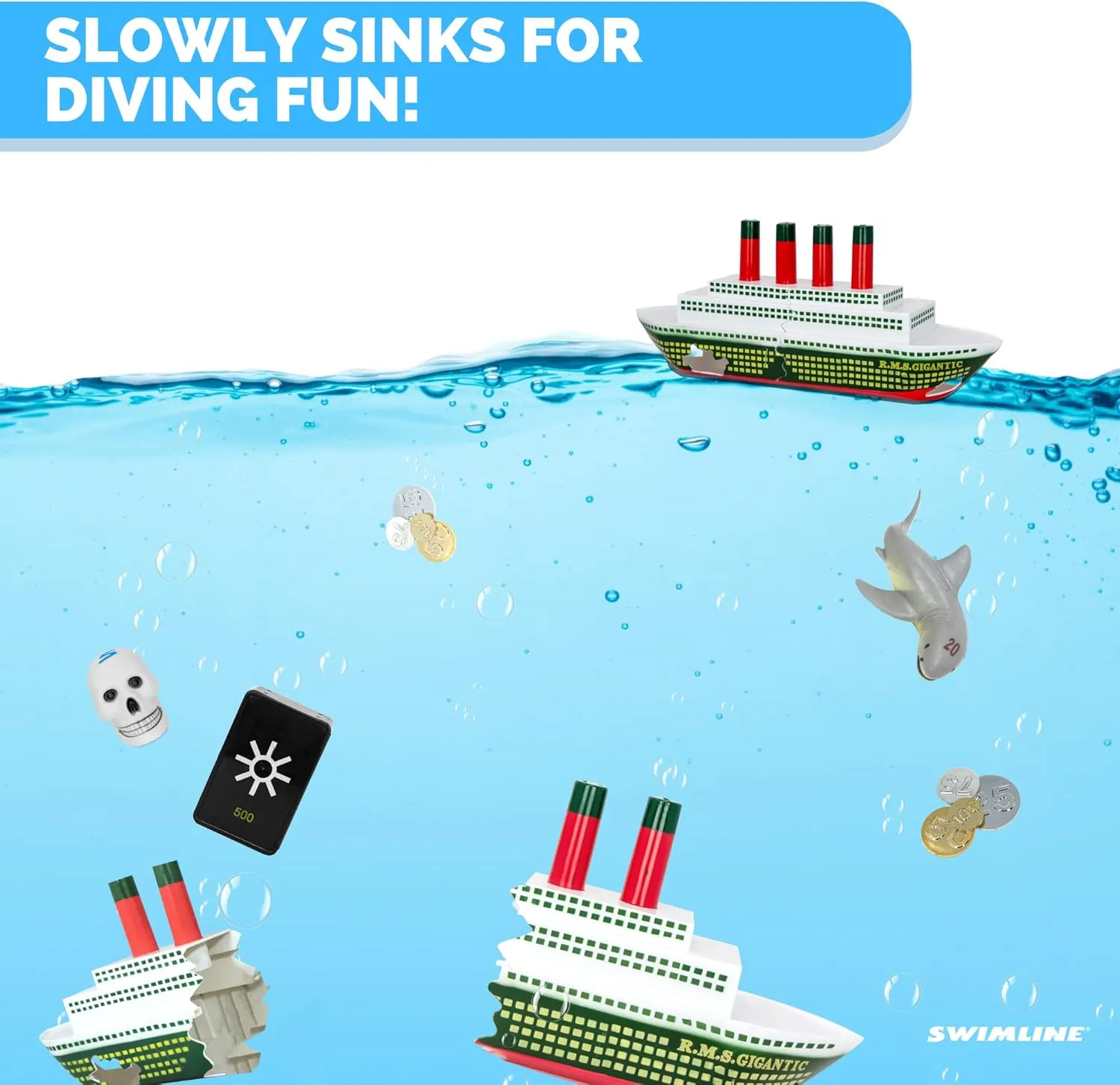 SWIMLINE Titanic Themed Dive Toy Sinking Ship Hidden Treasure Combo Pack Catch And Retrieval Cruise Ship Game For Swimming Pool & Bath Tub For Kids Multi Color Rings Underwater Dive Practice Education