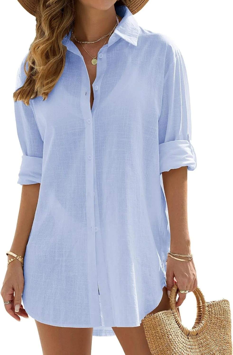 Swimsuit Coverup Womens Bathing Suit Cover Ups Beach Shirt Casual V Neck Button Down Shirt Bikini Swimwear Coverup