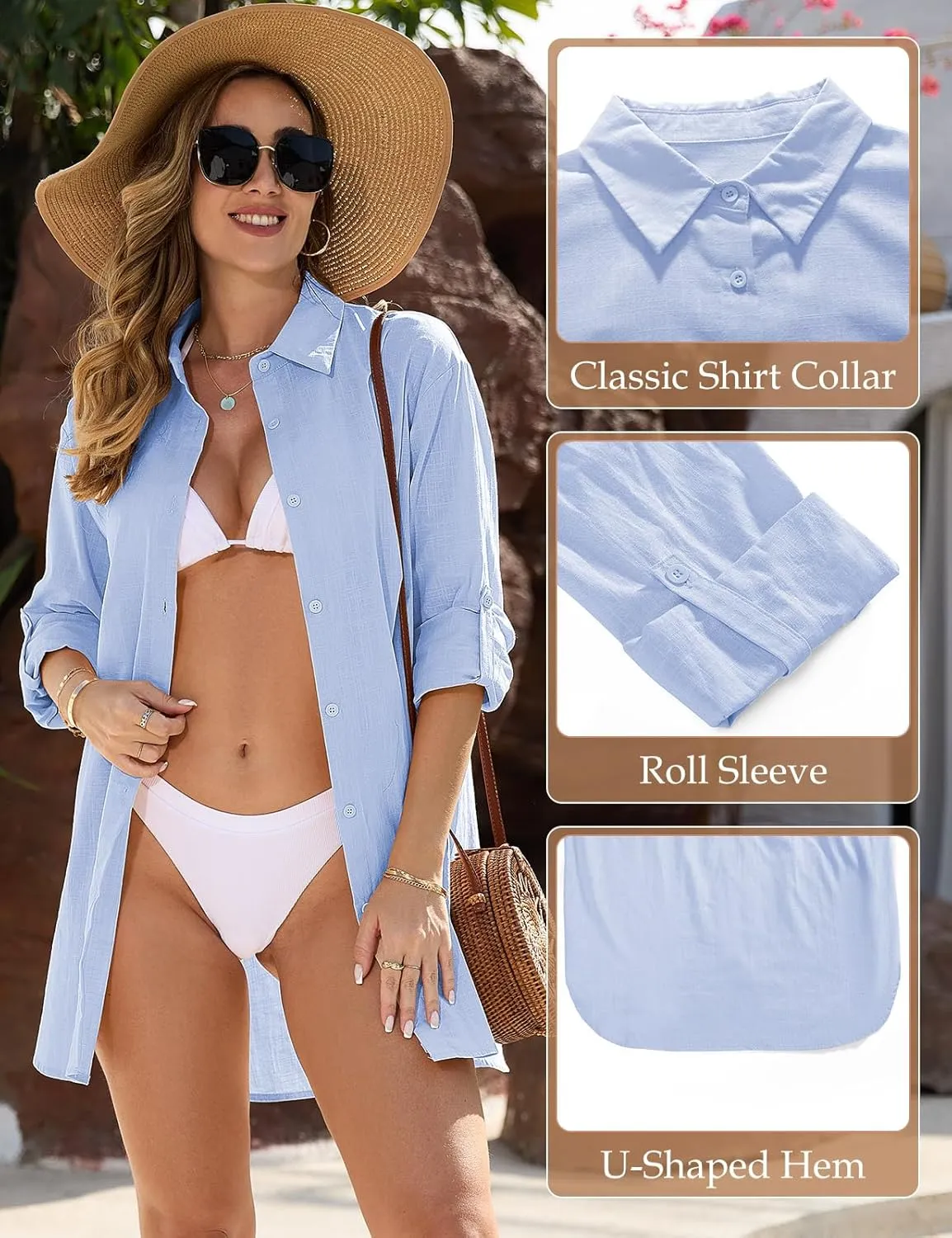 Swimsuit Coverup Womens Bathing Suit Cover Ups Beach Shirt Casual V Neck Button Down Shirt Bikini Swimwear Coverup