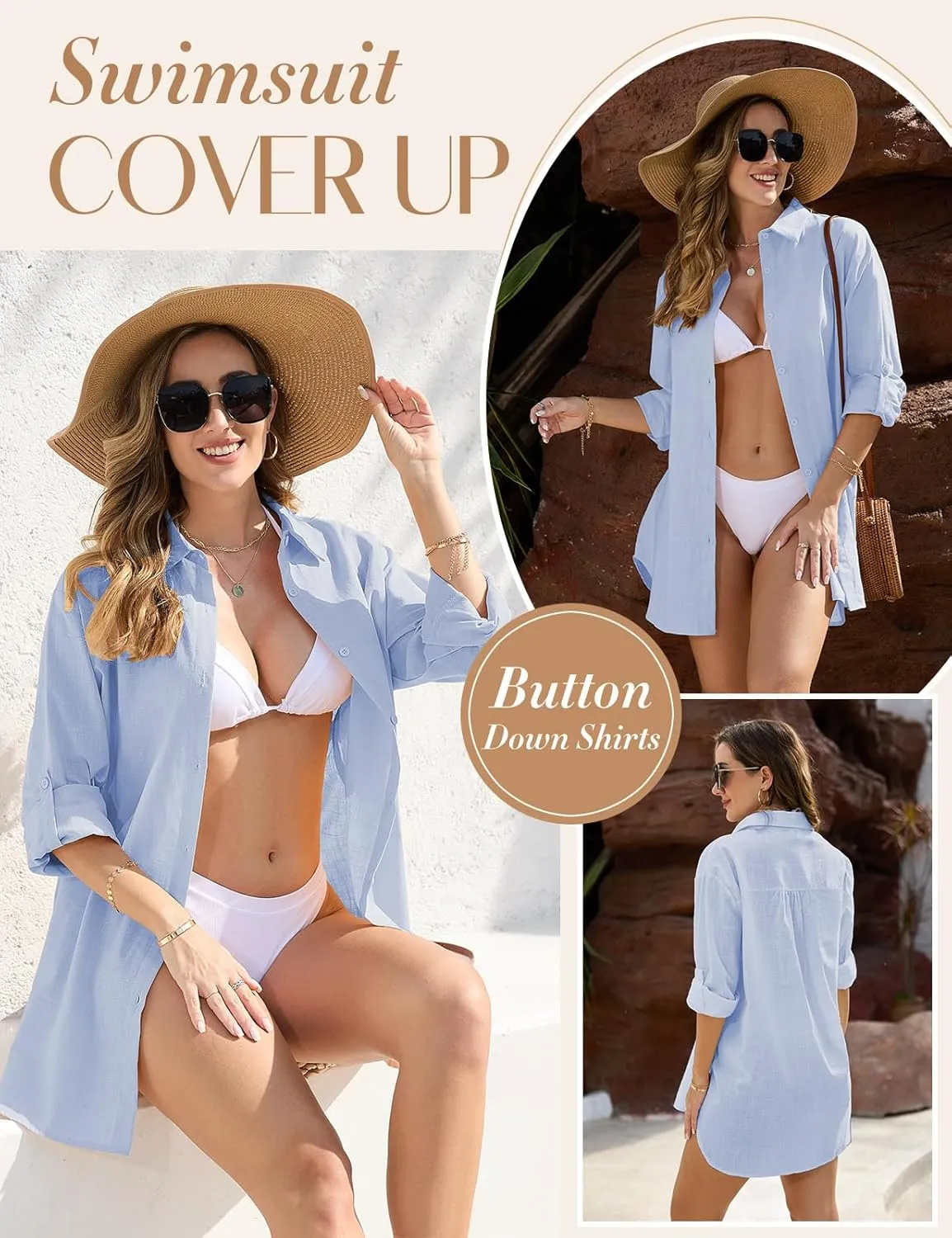 Swimsuit Coverup Womens Bathing Suit Cover Ups Beach Shirt Casual V Neck Button Down Shirt Bikini Swimwear Coverup
