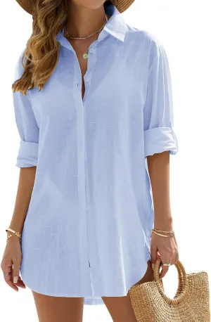 Swimsuit Coverup Womens Bathing Suit Cover Ups Beach Shirt Casual V Neck Button Down Shirt Bikini Swimwear Coverup