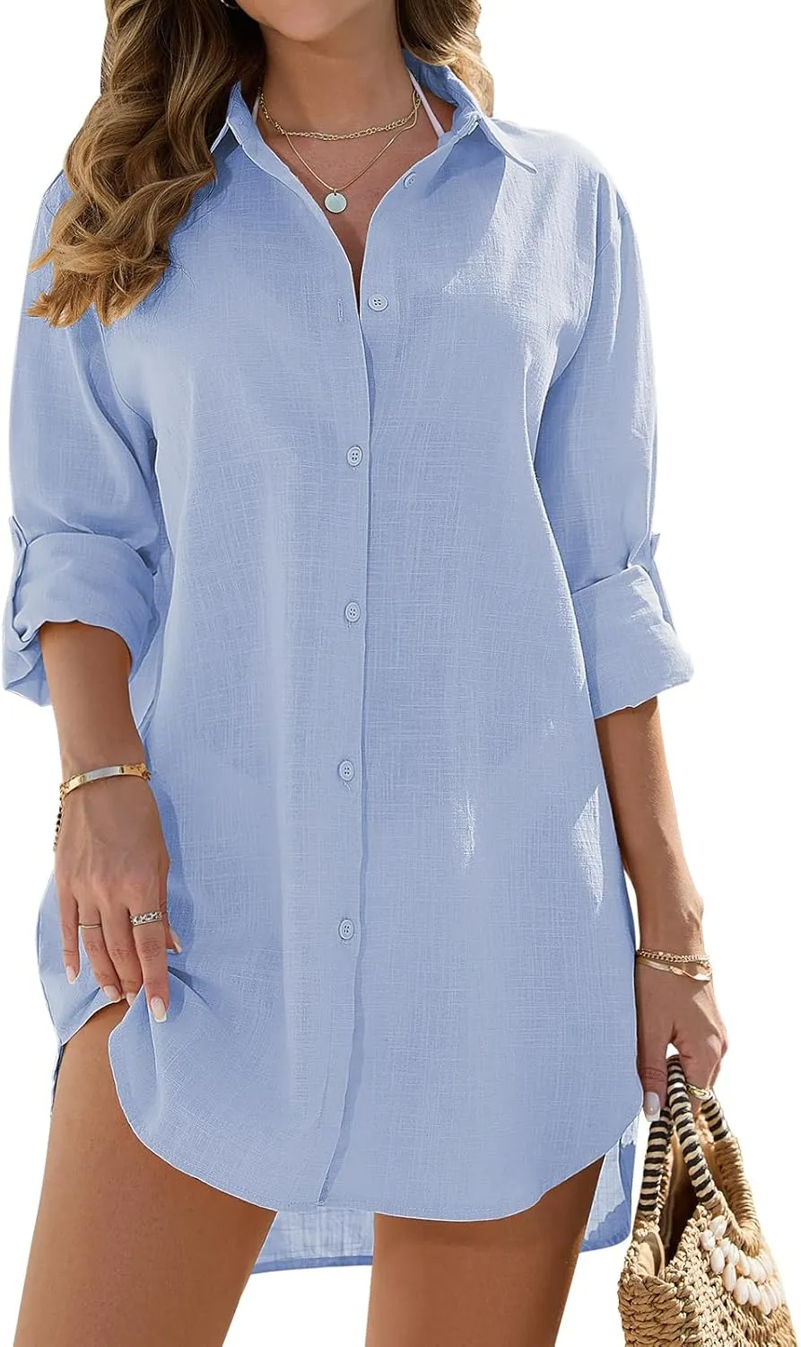 Swimsuit Coverup Womens Bathing Suit Cover Ups Beach Shirt Casual V Neck Button Down Shirt Bikini Swimwear Coverup