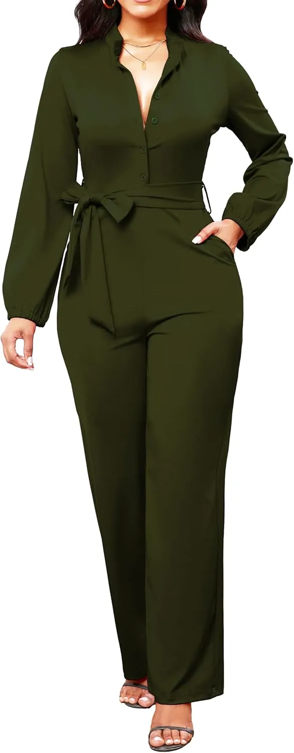 SxClub Jumpsuits for Women Formal Sexy Elegant Long Straight Pants Busineess Party Jumpsuit with Belt Pockets