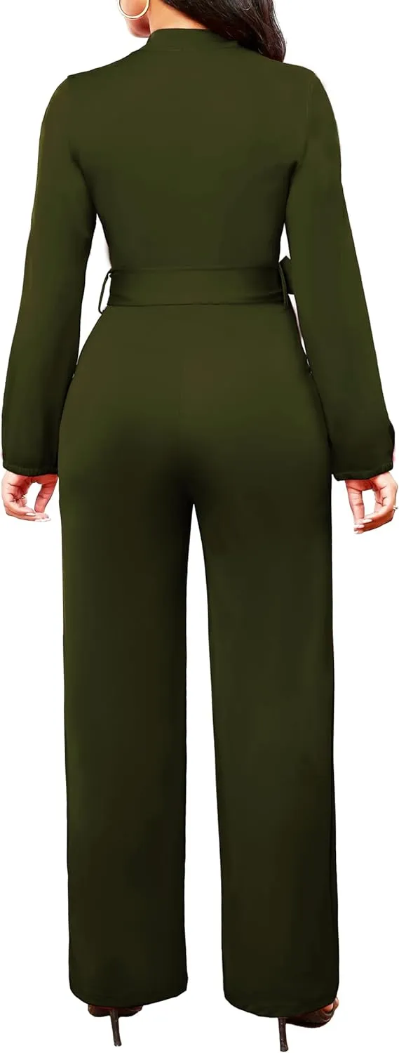 SxClub Jumpsuits for Women Formal Sexy Elegant Long Straight Pants Busineess Party Jumpsuit with Belt Pockets