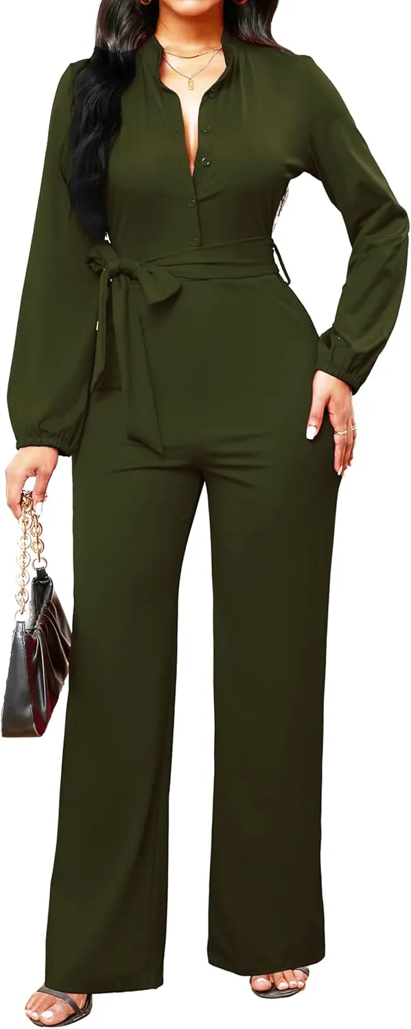 SxClub Jumpsuits for Women Formal Sexy Elegant Long Straight Pants Busineess Party Jumpsuit with Belt Pockets