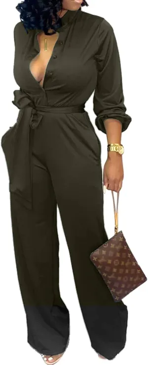SxClub Jumpsuits for Women Formal Sexy Elegant Long Straight Pants Busineess Party Jumpsuit with Belt Pockets