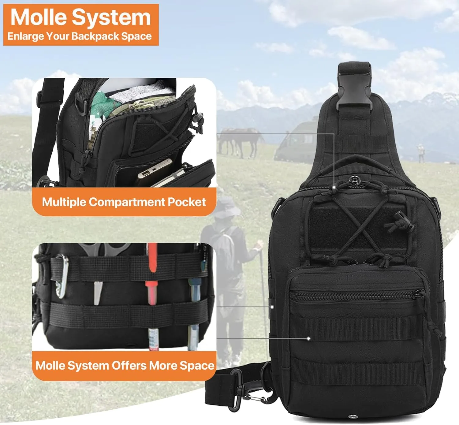 Tactical Sling Bag for Men, Small Crossbody Chest Bag with Holster and US Flag Patch, EDC Shoulder Bag, Black