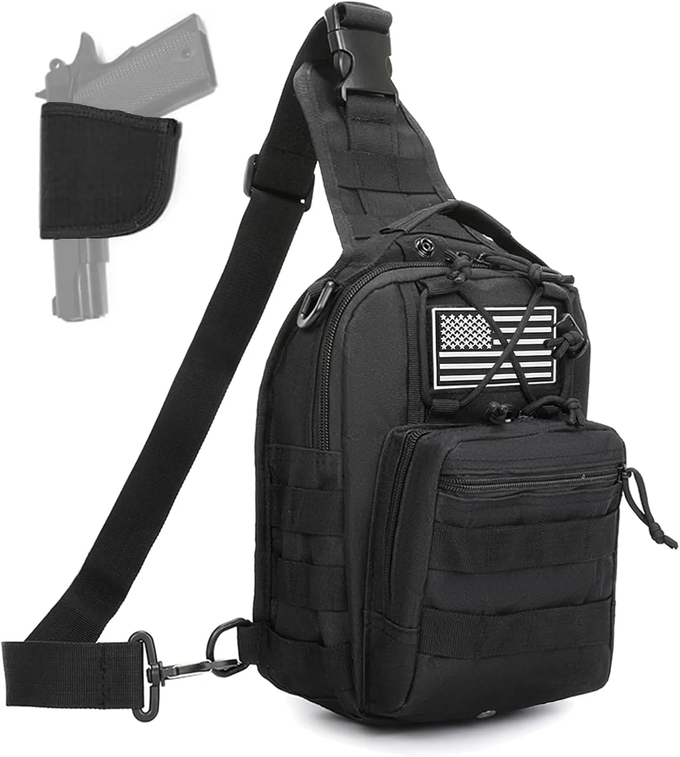 Tactical Sling Bag for Men, Small Crossbody Chest Bag with Holster and US Flag Patch, EDC Shoulder Bag, Black