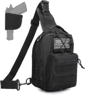 Tactical Sling Bag for Men, Small Crossbody Chest Bag with Holster and US Flag Patch, EDC Shoulder Bag, Black