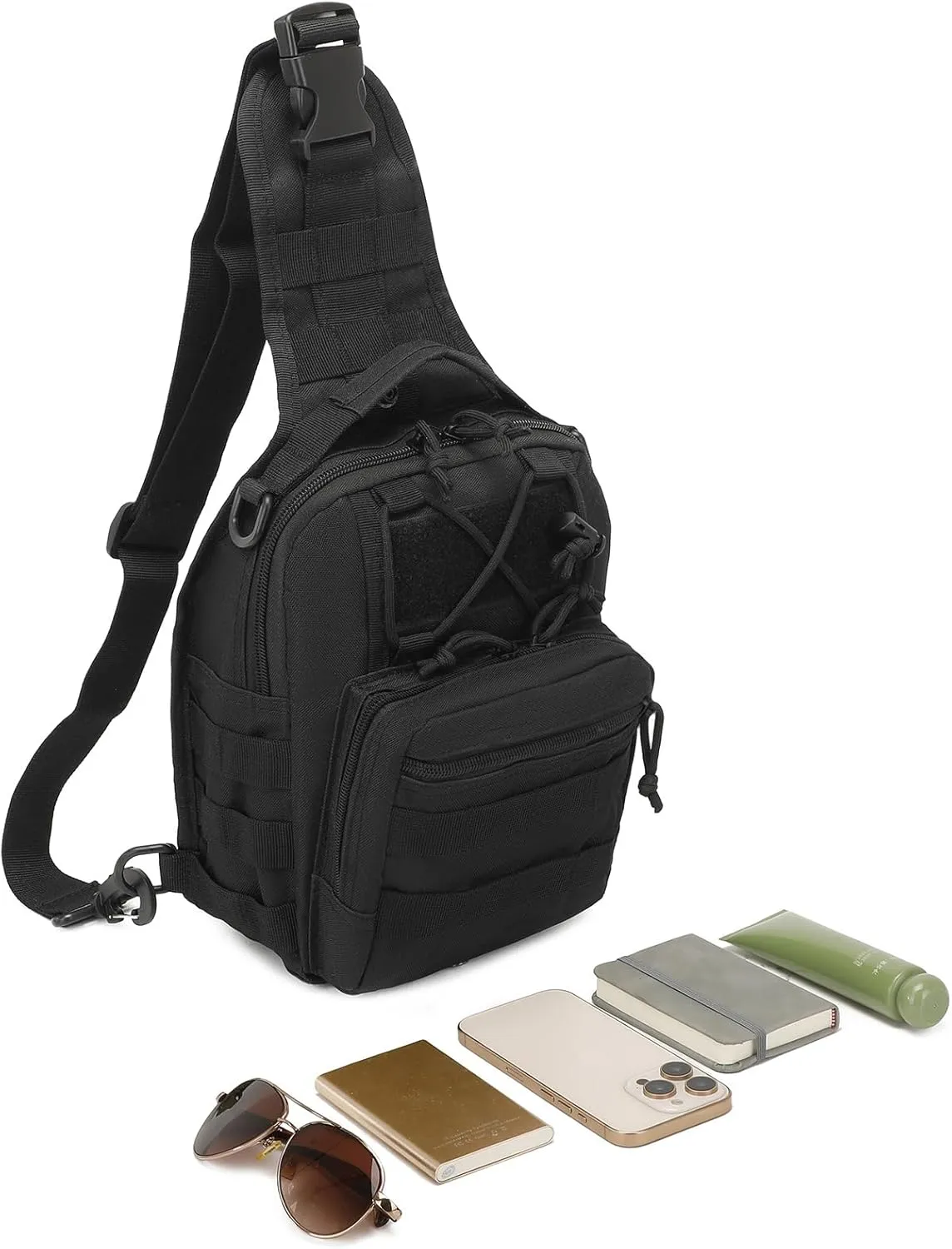 Tactical Sling Bag for Men, Small Crossbody Chest Bag with Holster and US Flag Patch, EDC Shoulder Bag, Black