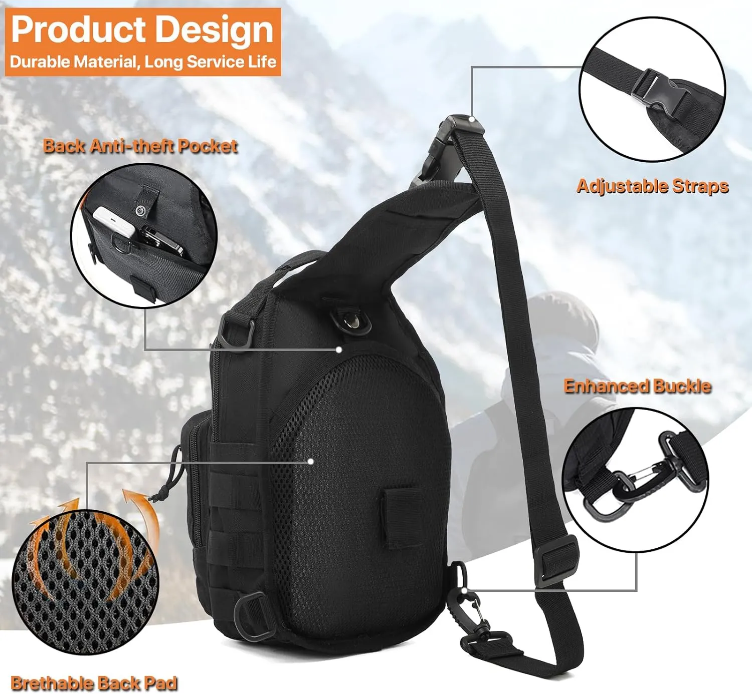 Tactical Sling Bag for Men, Small Crossbody Chest Bag with Holster and US Flag Patch, EDC Shoulder Bag, Black