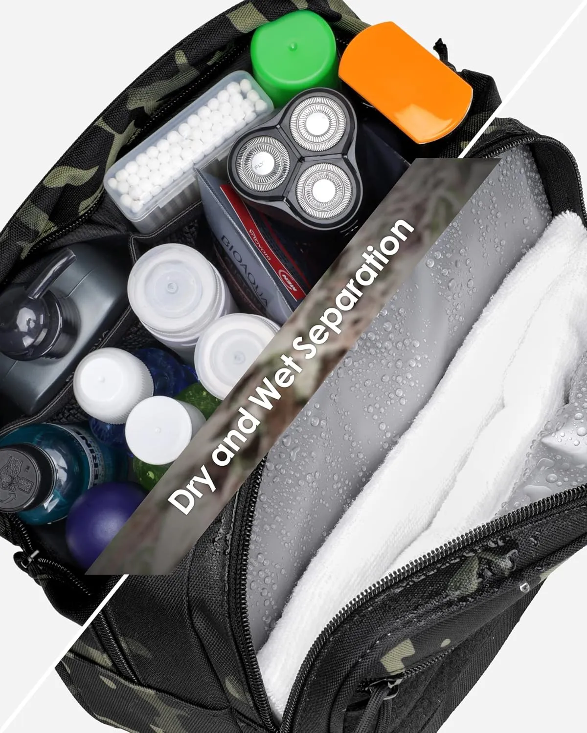 TACTICISM Toiletry Bag for Men - Dry Wet Separate Travel Toiletry Bag, Tactical Molle Dopp Kit for Men with Large Capacity, Water-Resistant Shaving Bag for Adult Women for Travel, Black Camo