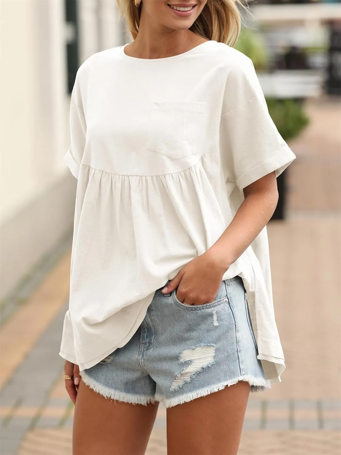 Tankaneo Womens Summer Babydoll Tops Casual Loose Fit Peplum Oversized Tunic Shirts