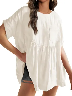 Tankaneo Womens Summer Babydoll Tops Casual Loose Fit Peplum Oversized Tunic Shirts