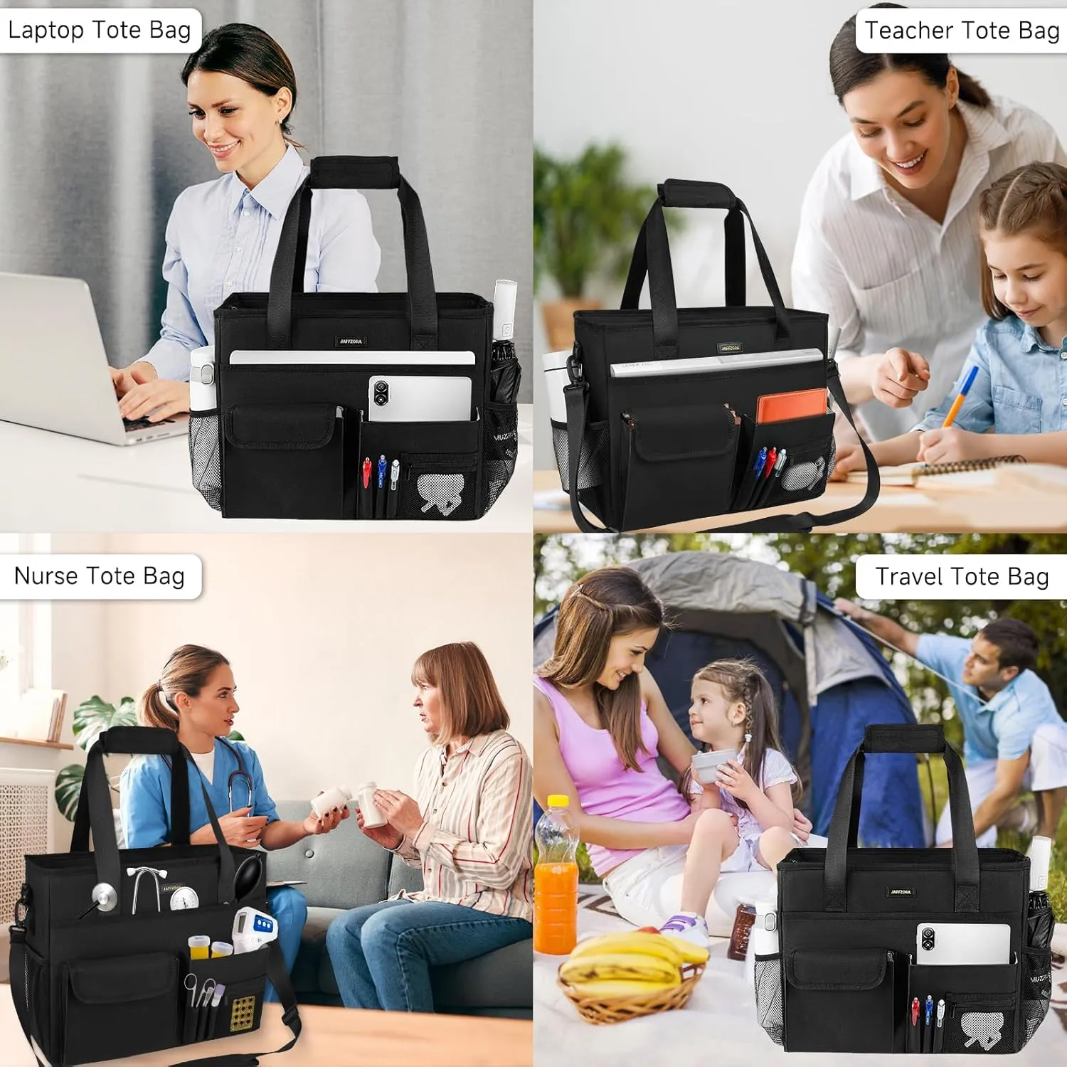 Teacher Tote Bag with Laptop Compartment,Large Utility Work Tote Bag with15 Pockets for Women,Nurse Bag, Black