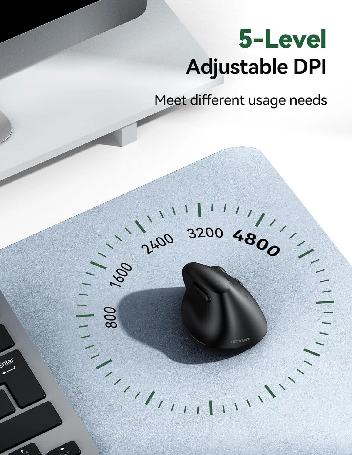 TECKNET Vertical Wireless Mouse, Ergonomic Mouse for Small Hands, 4800DPI, 5 Adjustable DPI Levels, 6 Buttons, 2.4GHz Silent Optical Wireless Mouse for Laptop, Computers, PCs, Macs - Black