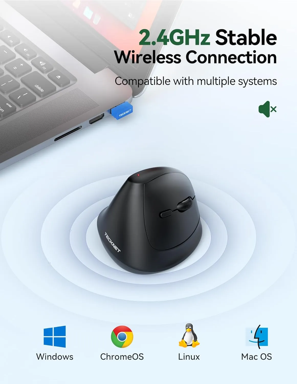 TECKNET Vertical Wireless Mouse, Ergonomic Mouse for Small Hands, 4800DPI, 5 Adjustable DPI Levels, 6 Buttons, 2.4GHz Silent Optical Wireless Mouse for Laptop, Computers, PCs, Macs - Black