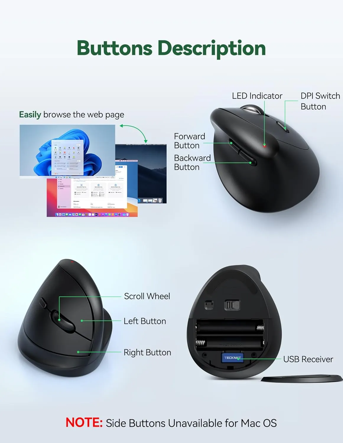TECKNET Vertical Wireless Mouse, Ergonomic Mouse for Small Hands, 4800DPI, 5 Adjustable DPI Levels, 6 Buttons, 2.4GHz Silent Optical Wireless Mouse for Laptop, Computers, PCs, Macs - Black