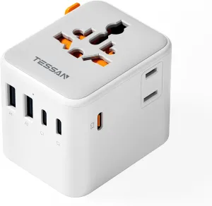 TESSAN 65W GaN Universal Travel Adapter, International Power Adapter with Extra 2 Prong AC Outlet, 5 USB Ports (3 USB C), Worldwide Plug Adaptor for US to Europe UK Australia Ireland (Type C G A I)