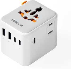 TESSAN Universal Travel Adapter 28W, International Power Adapter with Extra 2 Prong AC Outlet, 5 USB Ports (3 USB C), Worldwide Plug Adaptor for US to Europe UK Australia Ireland (Type C G A I)