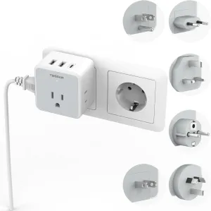 TESSAN Universal Travel Adapter Kit, 6-in-1 International Power Adapter with 3 USB (1 USB C) and 3 AC Outlets, Wordwide Adaptor Supports Type C, G, E/F, I, A, B for US EU UK Australia Japan, Grey