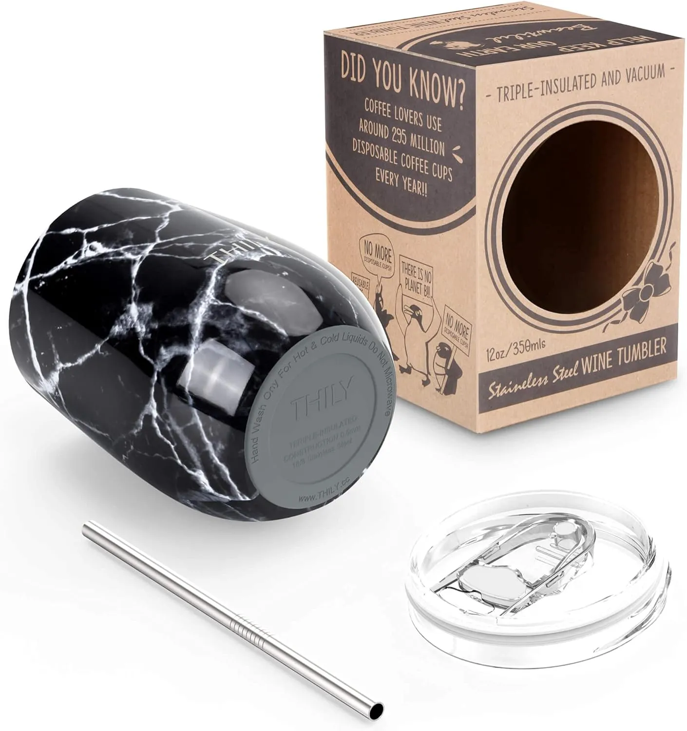 THILY Wine Tumbler Stainless Steel Insulated Stemless Wine Glass with Lid and Straw, Travel Cup Keep Cold for Coffee, Cocktails, Black Marble