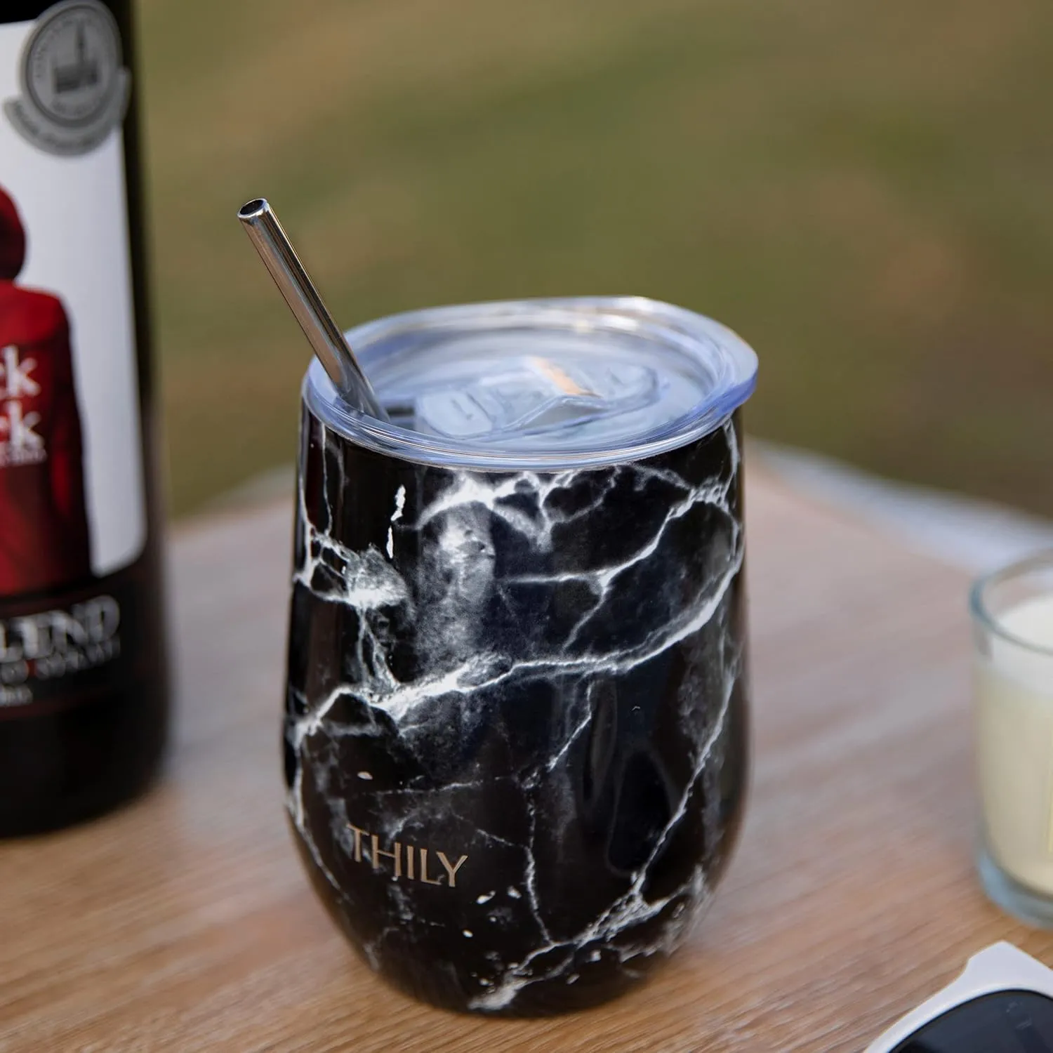 THILY Wine Tumbler Stainless Steel Insulated Stemless Wine Glass with Lid and Straw, Travel Cup Keep Cold for Coffee, Cocktails, Black Marble