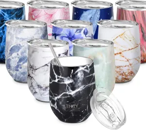 THILY Wine Tumbler Stainless Steel Insulated Stemless Wine Glass with Lid and Straw, Travel Cup Keep Cold for Coffee, Cocktails, Black Marble