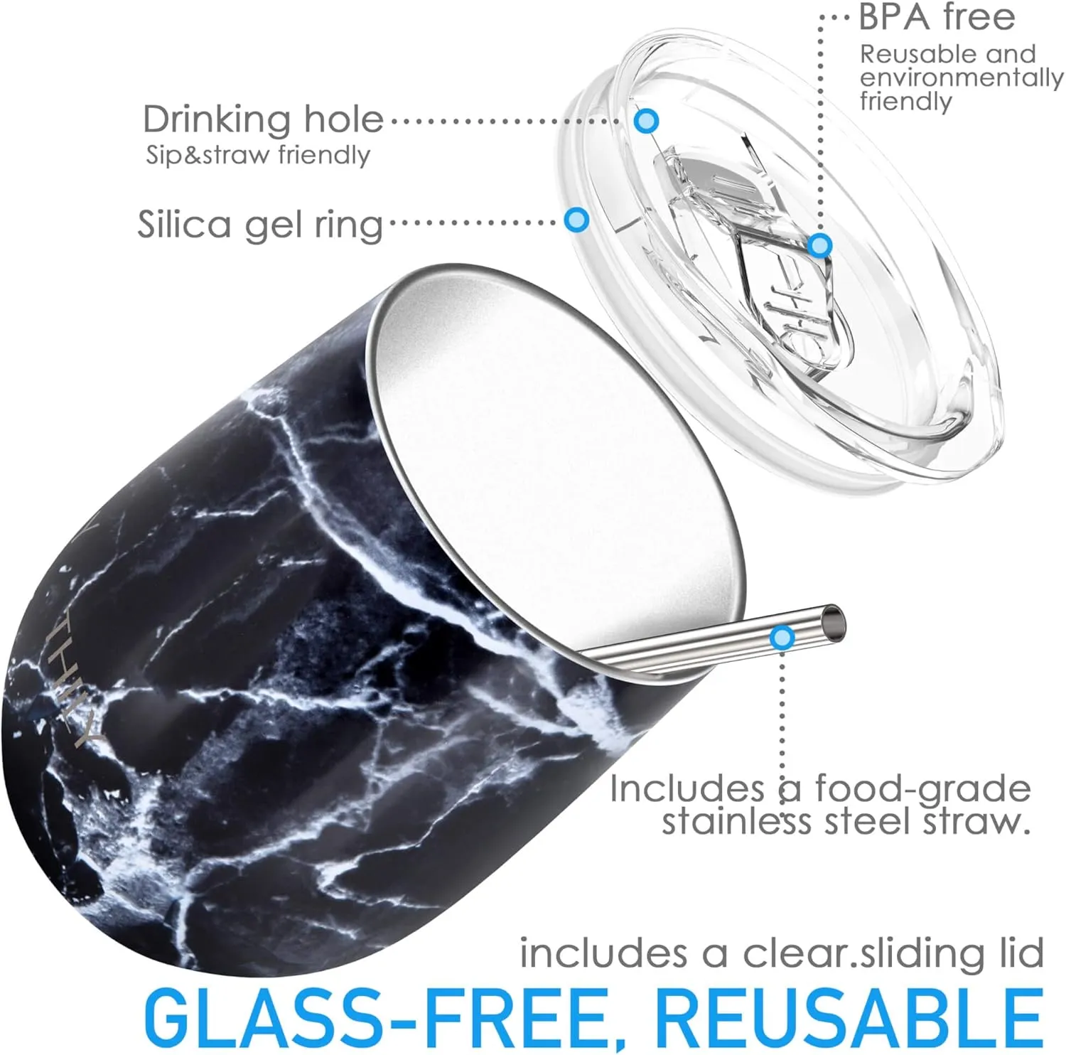THILY Wine Tumbler Stainless Steel Insulated Stemless Wine Glass with Lid and Straw, Travel Cup Keep Cold for Coffee, Cocktails, Black Marble