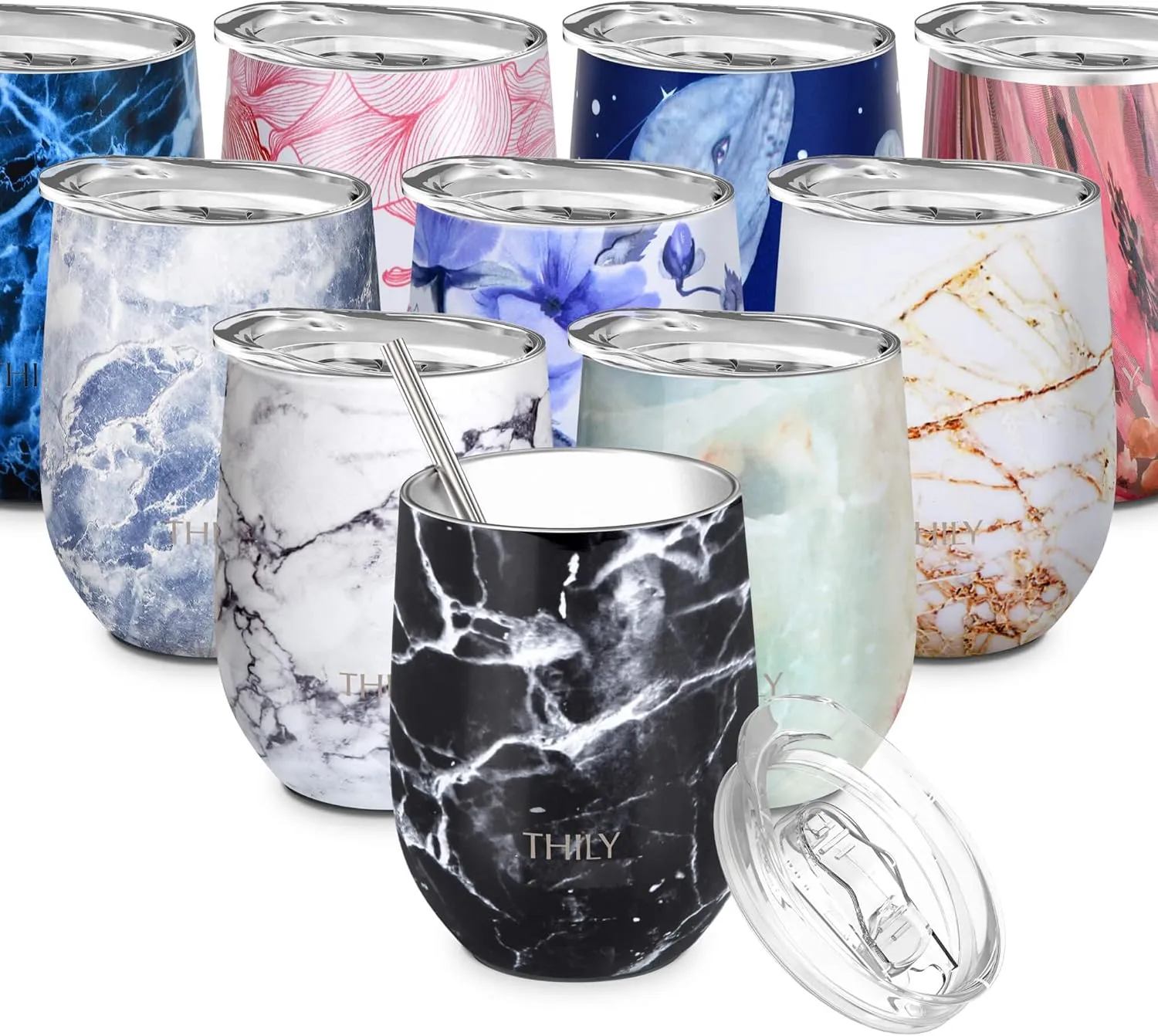 THILY Wine Tumbler Stainless Steel Insulated Stemless Wine Glass with Lid and Straw, Travel Cup Keep Cold for Coffee, Cocktails, Black Marble