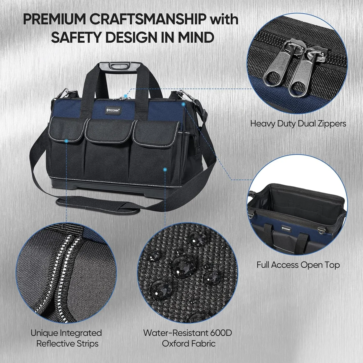 TICONN Heavy Duty Tool Bag with Multi-Pockets, Portable Tool Box Organizer Storage Bag, with Adjustable Shoulder Strap and Ergonomic Handle (Blue, 16" Molded Base)