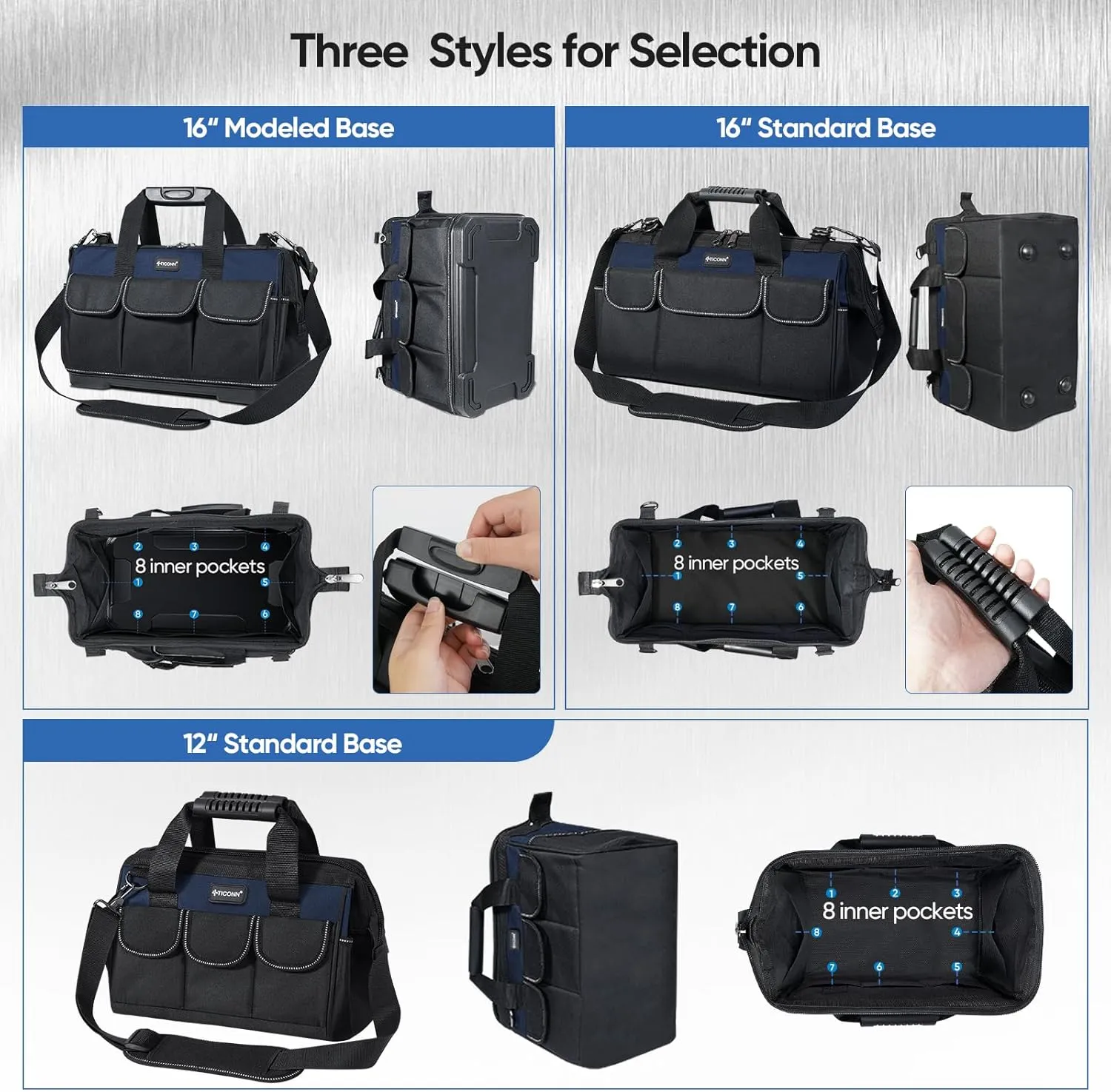 TICONN Heavy Duty Tool Bag with Multi-Pockets, Portable Tool Box Organizer Storage Bag, with Adjustable Shoulder Strap and Ergonomic Handle (Blue, 16" Molded Base)