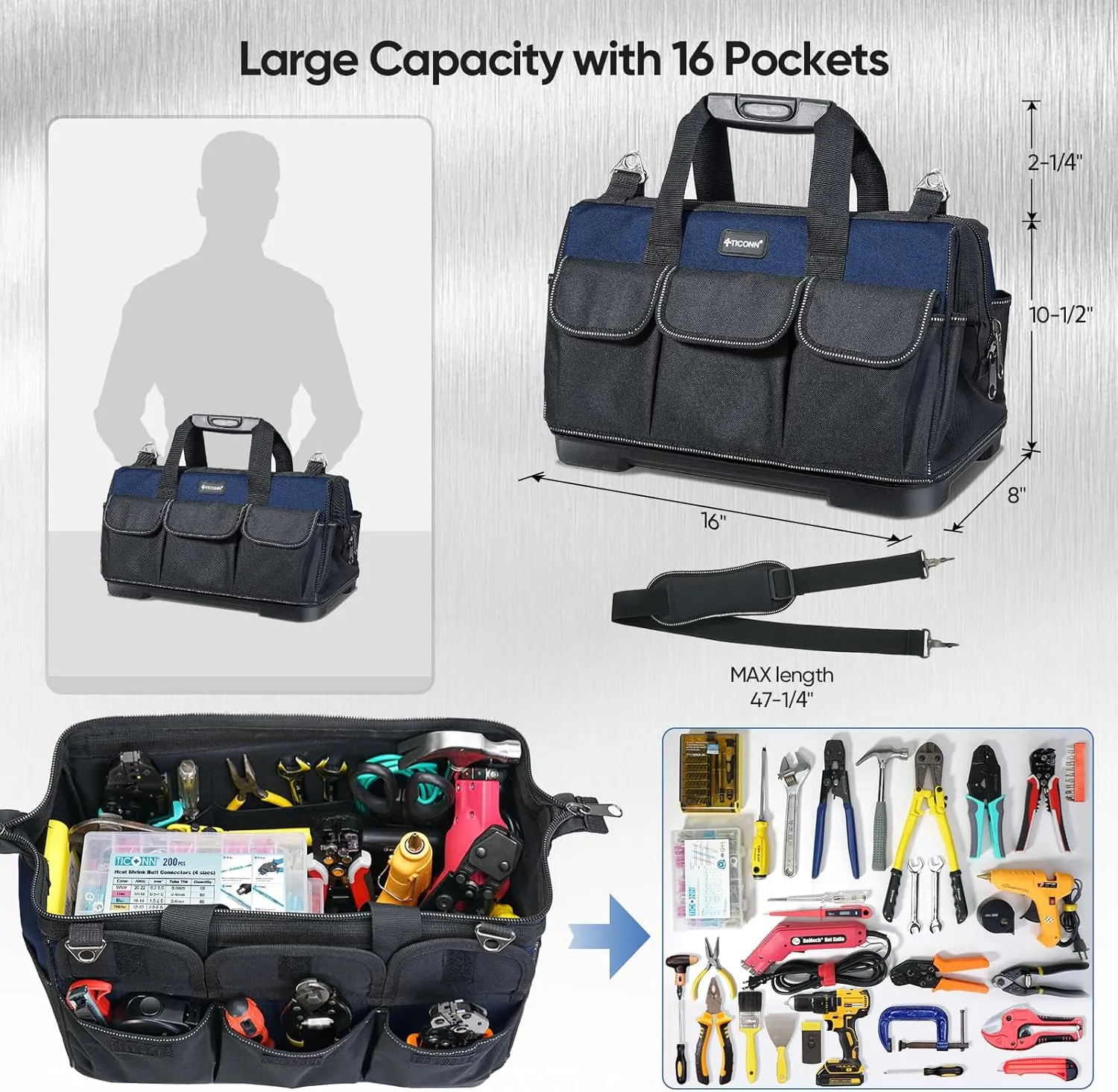 TICONN Heavy Duty Tool Bag with Multi-Pockets, Portable Tool Box Organizer Storage Bag, with Adjustable Shoulder Strap and Ergonomic Handle (Blue, 16" Molded Base)