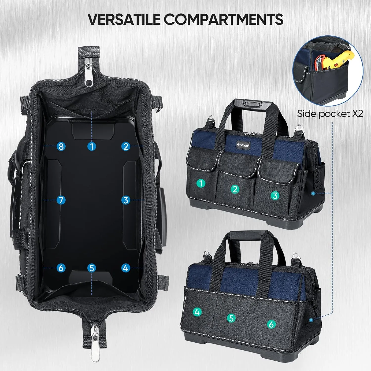 TICONN Heavy Duty Tool Bag with Multi-Pockets, Portable Tool Box Organizer Storage Bag, with Adjustable Shoulder Strap and Ergonomic Handle (Blue, 16" Molded Base)