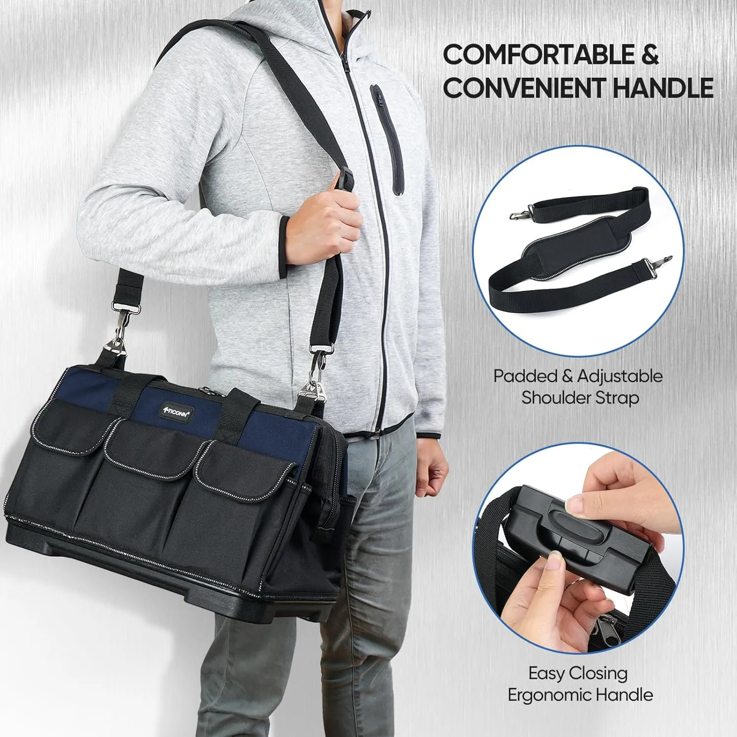 TICONN Heavy Duty Tool Bag with Multi-Pockets, Portable Tool Box Organizer Storage Bag, with Adjustable Shoulder Strap and Ergonomic Handle (Blue, 16" Molded Base)
