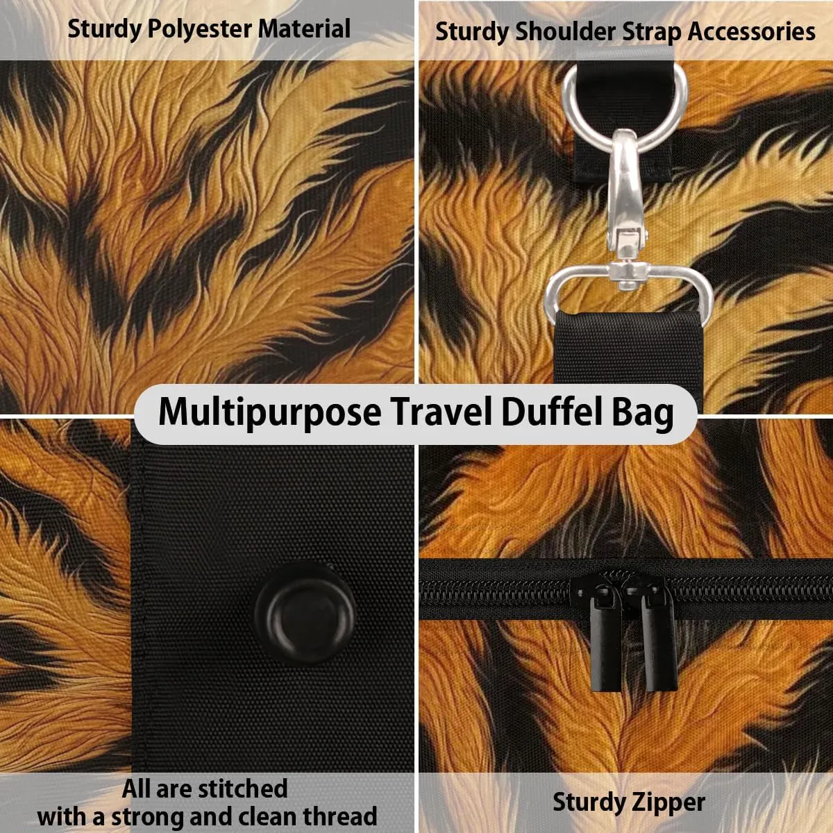 Tiger Skin Travel Duffel Bag for Women Men Waterproof Foldable Overnight Weekender Bag Large Capacity Sports Gym Bag