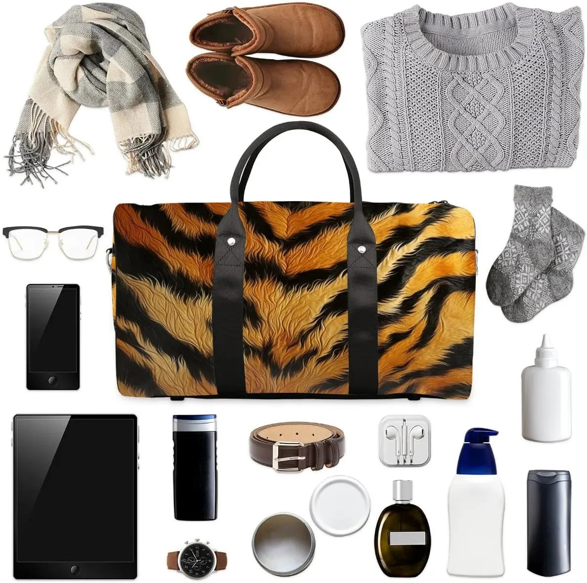 Tiger Skin Travel Duffel Bag for Women Men Waterproof Foldable Overnight Weekender Bag Large Capacity Sports Gym Bag