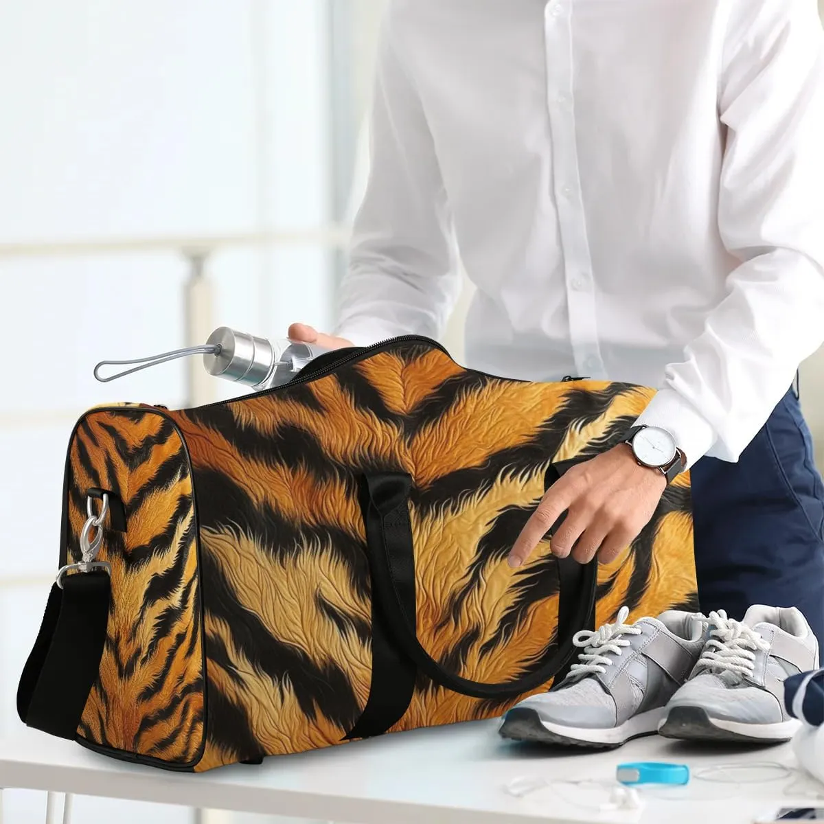 Tiger Skin Travel Duffel Bag for Women Men Waterproof Foldable Overnight Weekender Bag Large Capacity Sports Gym Bag