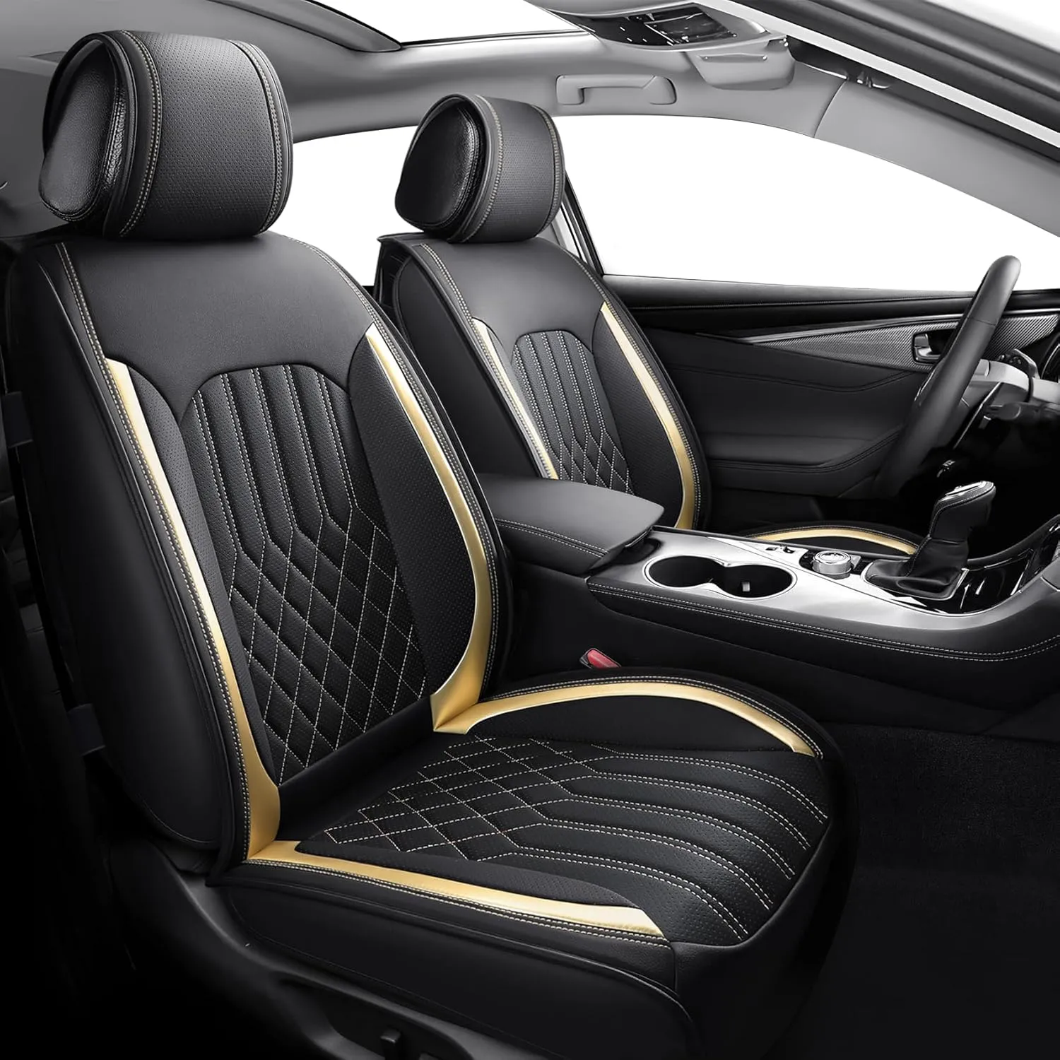 Tomatoman Airbag Compatible Leatherette Seat Covers for Infiniti Q60 Waterproof Dustproof Easy Clean Car Seat Protectors Interior Accessories(Full Set/Black Gold)