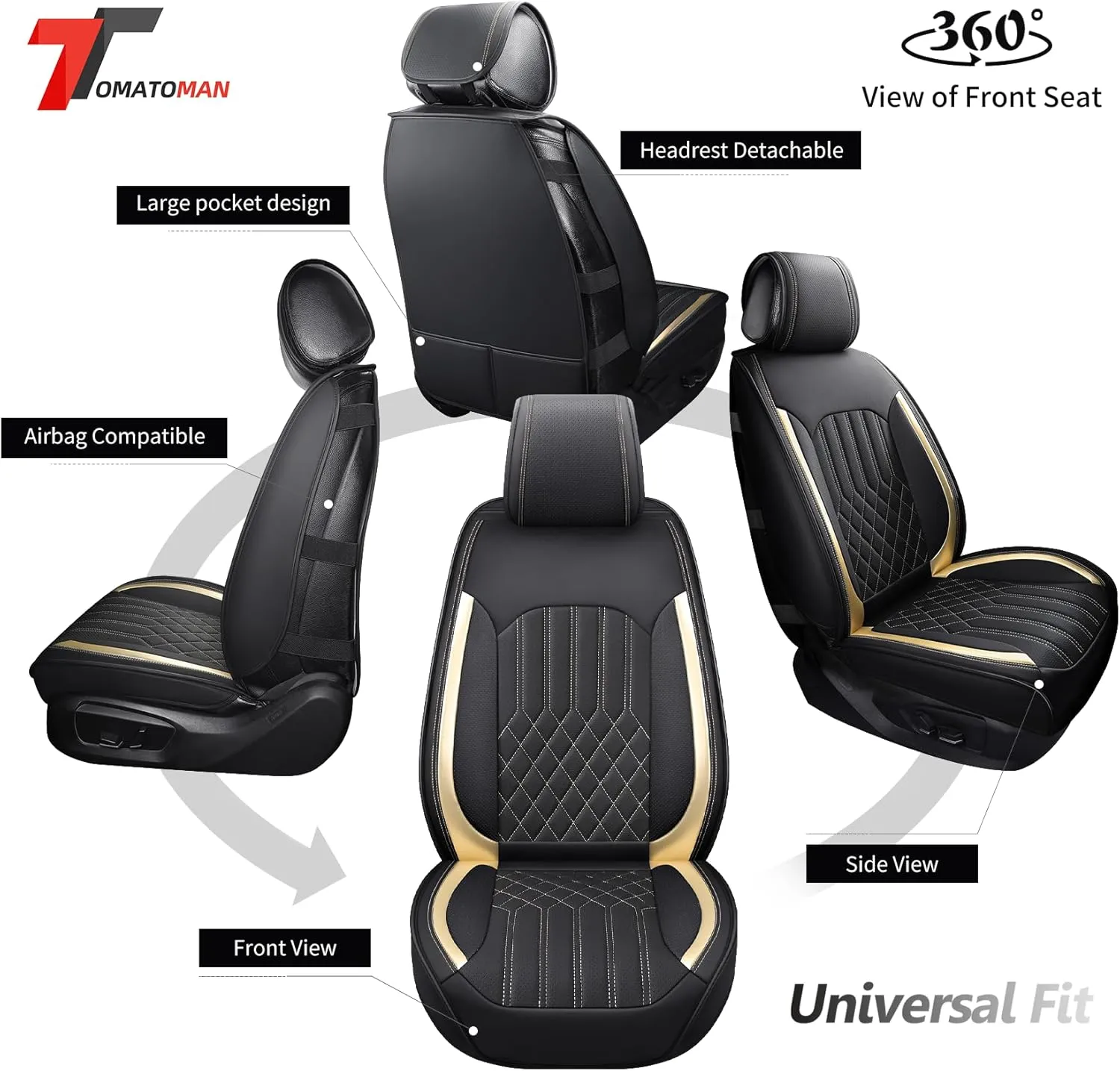 Tomatoman Airbag Compatible Leatherette Seat Covers for Infiniti Q60 Waterproof Dustproof Easy Clean Car Seat Protectors Interior Accessories(Full Set/Black Gold)