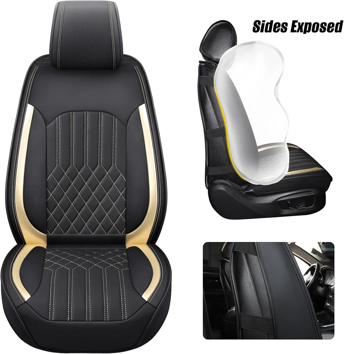 Tomatoman Airbag Compatible Leatherette Seat Covers for Infiniti Q60 Waterproof Dustproof Easy Clean Car Seat Protectors Interior Accessories(Full Set/Black Gold)