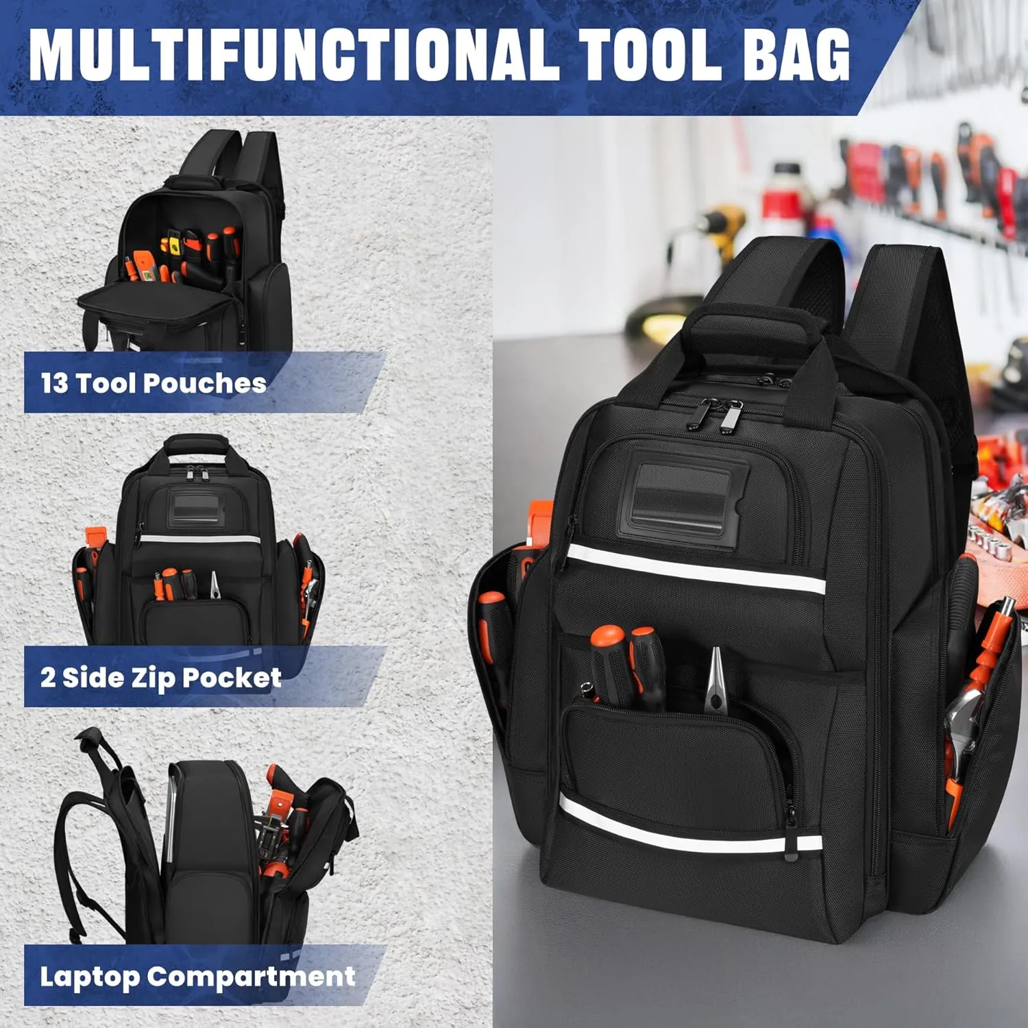 Tool Backpack Organizer Heavy Duty Tool Storage Organizer with Non-slip Bottom, Tool Storage Organizer Bag with Adjustable Strap, Toolbox Organization for Various Instrument Electrician, Repairman