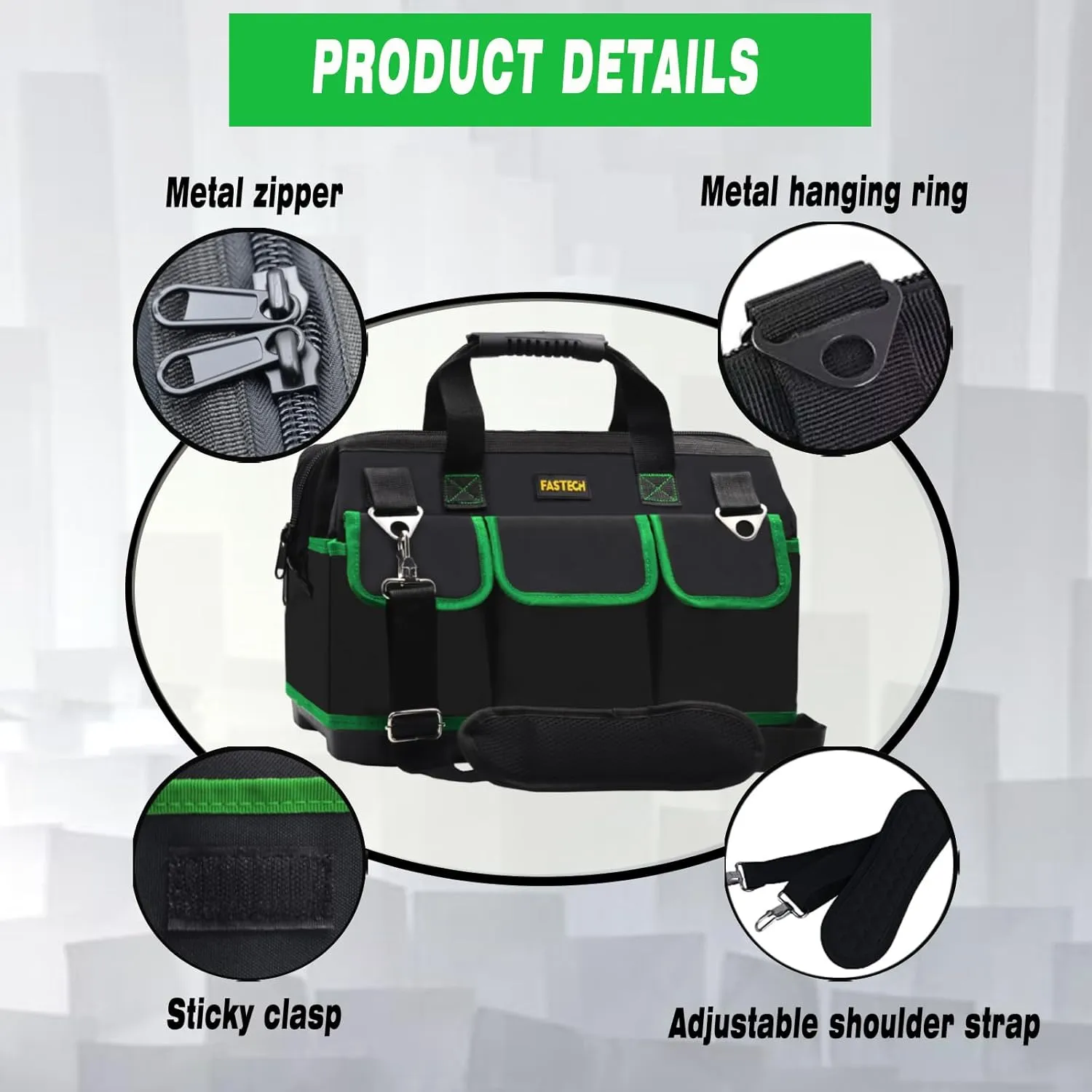 Tool Bag 15 Inch, Heavy Duty Tools Bag, Waterproof Tool Bag, Small Tool Organizer Bag, Tool Kit For Tool Storage, Wide Mouth Tool Tote For Men And Woman (Green15IN)