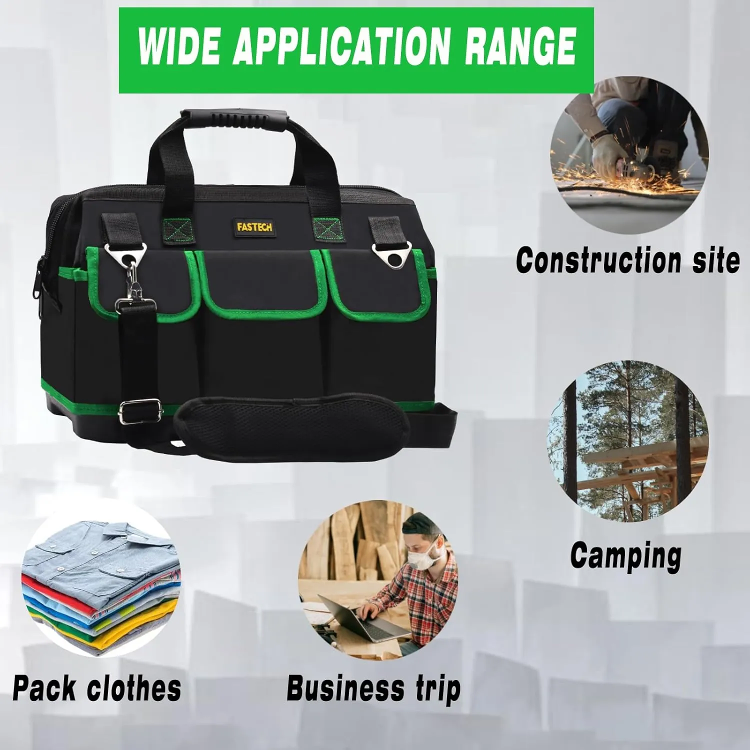 Tool Bag 15 Inch, Heavy Duty Tools Bag, Waterproof Tool Bag, Small Tool Organizer Bag, Tool Kit For Tool Storage, Wide Mouth Tool Tote For Men And Woman (Green15IN)