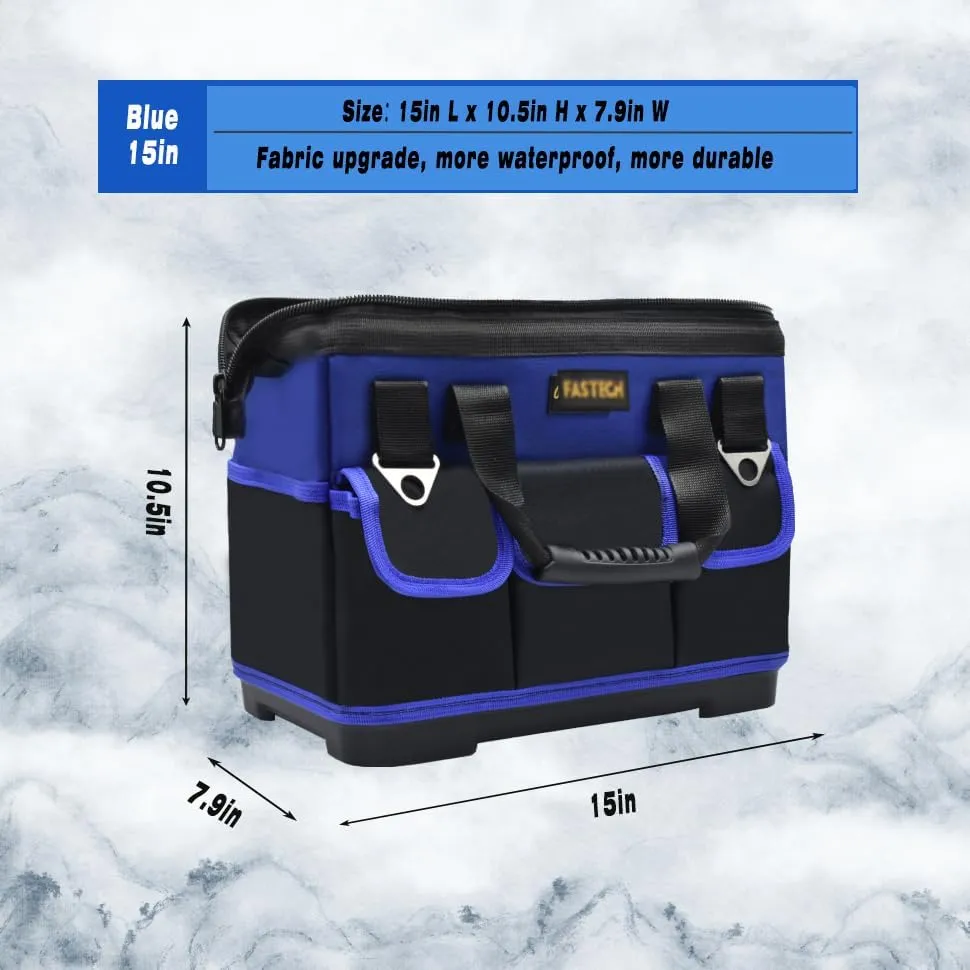 Tool Bag, 15IN Waterproof Tool Tote, Small Tool Organizer Bag, Wide Mouth Tool Bag With Shoulder Straps, Tool Kit For Tool Storage, Carrier and Organizer (15 Inch), FASTECH-15INBlue01