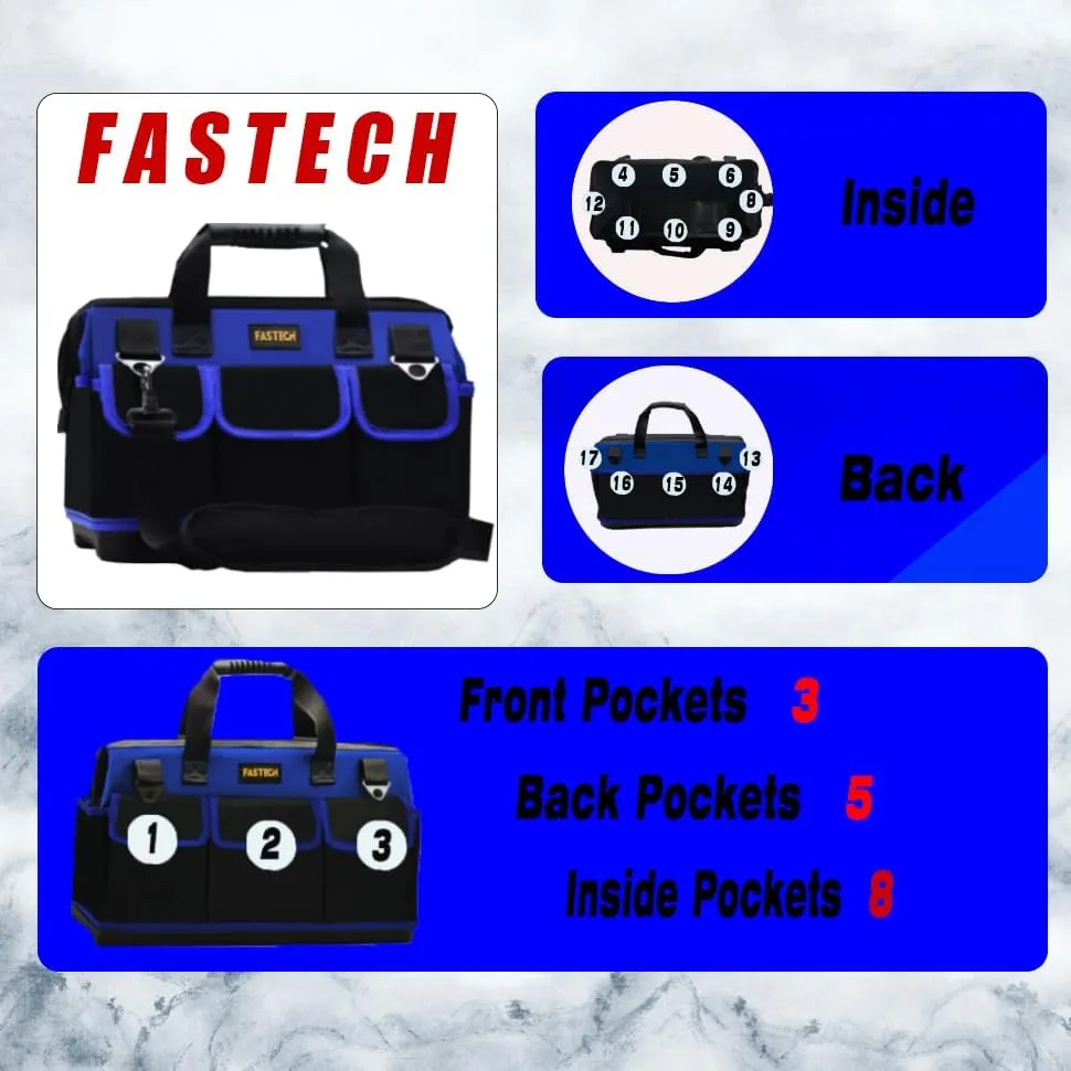 Tool Bag, 15IN Waterproof Tool Tote, Small Tool Organizer Bag, Wide Mouth Tool Bag With Shoulder Straps, Tool Kit For Tool Storage, Carrier and Organizer (15 Inch), FASTECH-15INBlue01