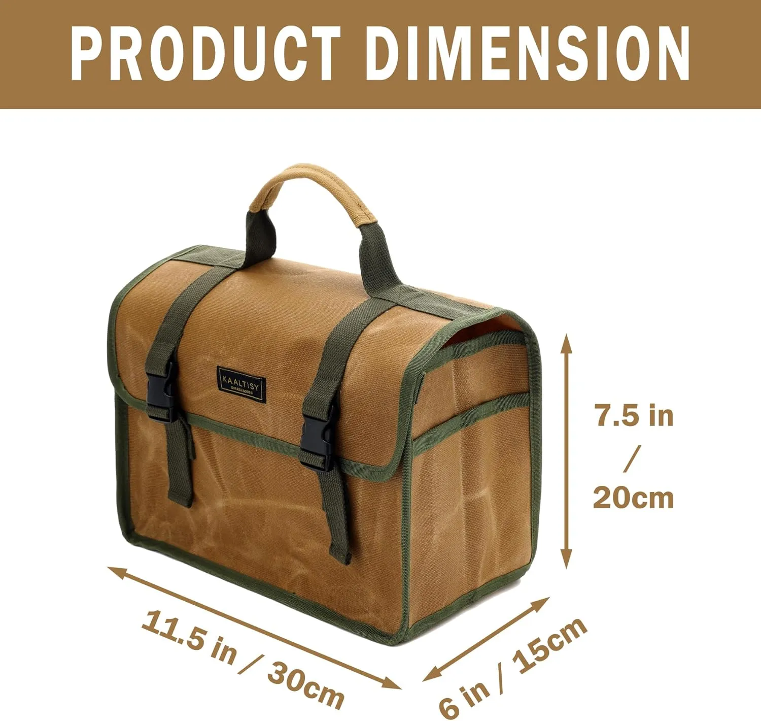 Tool Bag, Heavy Duty 16oz Waxed Canvas Tool Carrier, Multi-Purpose Tote Bag with 1 Large Capacity & 2 Side Pockets, Portable Tool Storage for Wrenches Chisels Scissors Hammer - Khaki