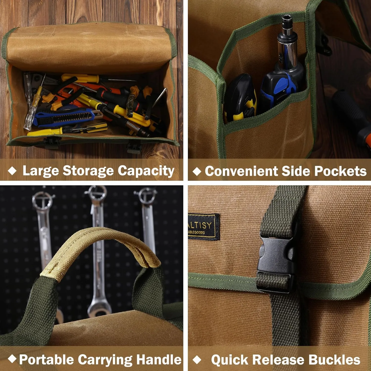 Tool Bag, Heavy Duty 16oz Waxed Canvas Tool Carrier, Multi-Purpose Tote Bag with 1 Large Capacity & 2 Side Pockets, Portable Tool Storage for Wrenches Chisels Scissors Hammer - Khaki