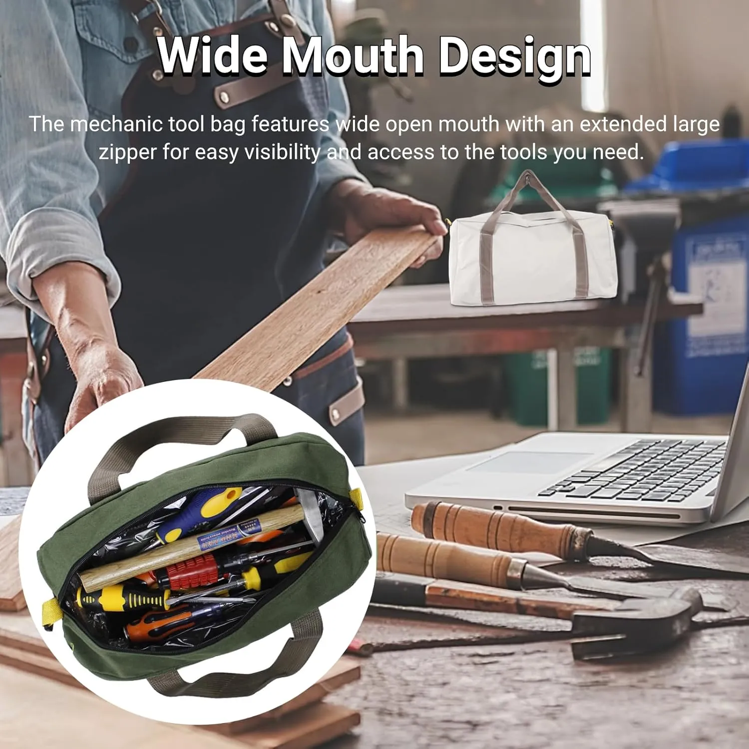 Tool Bag, Large Capacity Storage, Wear Resistant, Portable and Universal, Professionals Choice, Convenient Wide Mouth for Auto Repair, Woodworking, Technicians (20in)