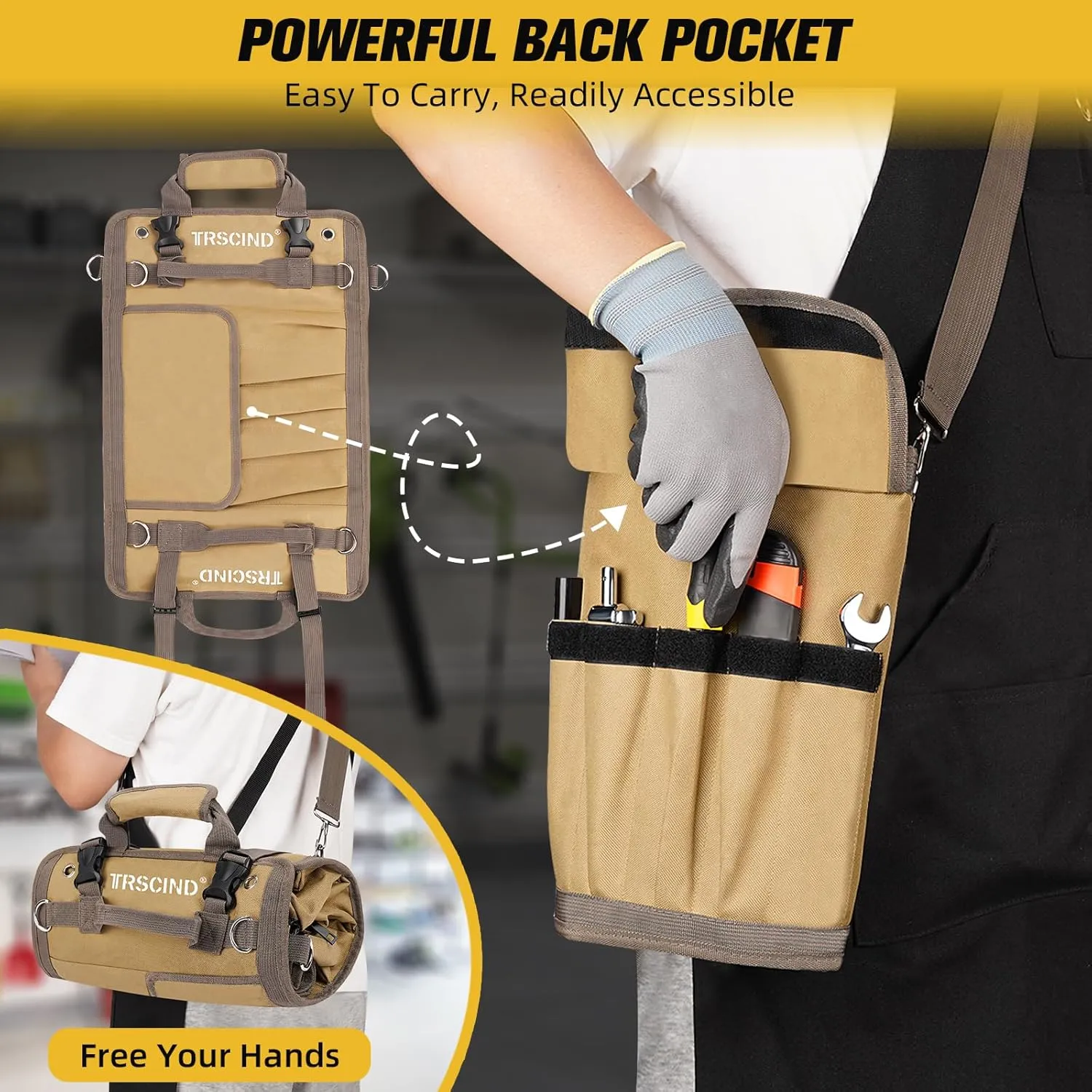 Tool Bag, Roll Up Bag, Tool Organizer with Detachable Pouches and Wrench Roll, Heavy Duty Tool Pouch, Gifts for Men Dad Fathers Day, Portable Tool Box for Motorcycle, Car, Electrician, Mechanic(Khaki）
